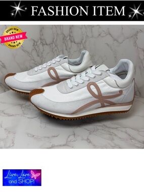 GYM SHOES: White and Brown Sneakers w/Pink Ribbon Accent, Unisex, NWOT